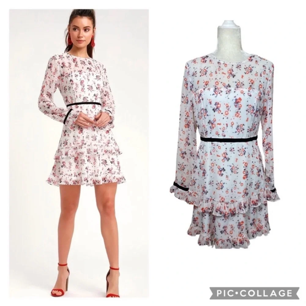 Lulus Floral to See White Floral Print Long Sleeve Mini Dress Size Medium - Picture 2 of 13